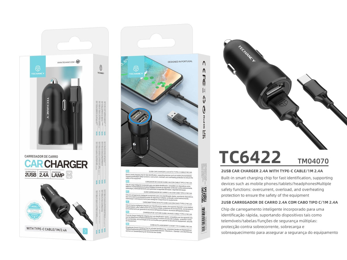 Techancy Carregador de Carro 2USB 2.4A com Cabo Type-C/1M TC6422 Preto , Carregamento Rápido, Proteção Múltipla