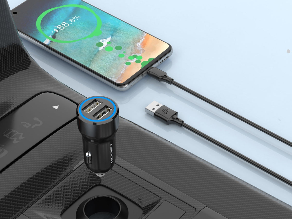 Techancy Carregador de Carro 2USB 2.4A com Cabo Type-C/1M TC6422 Preto , Carregamento Rápido, Proteção Múltipla