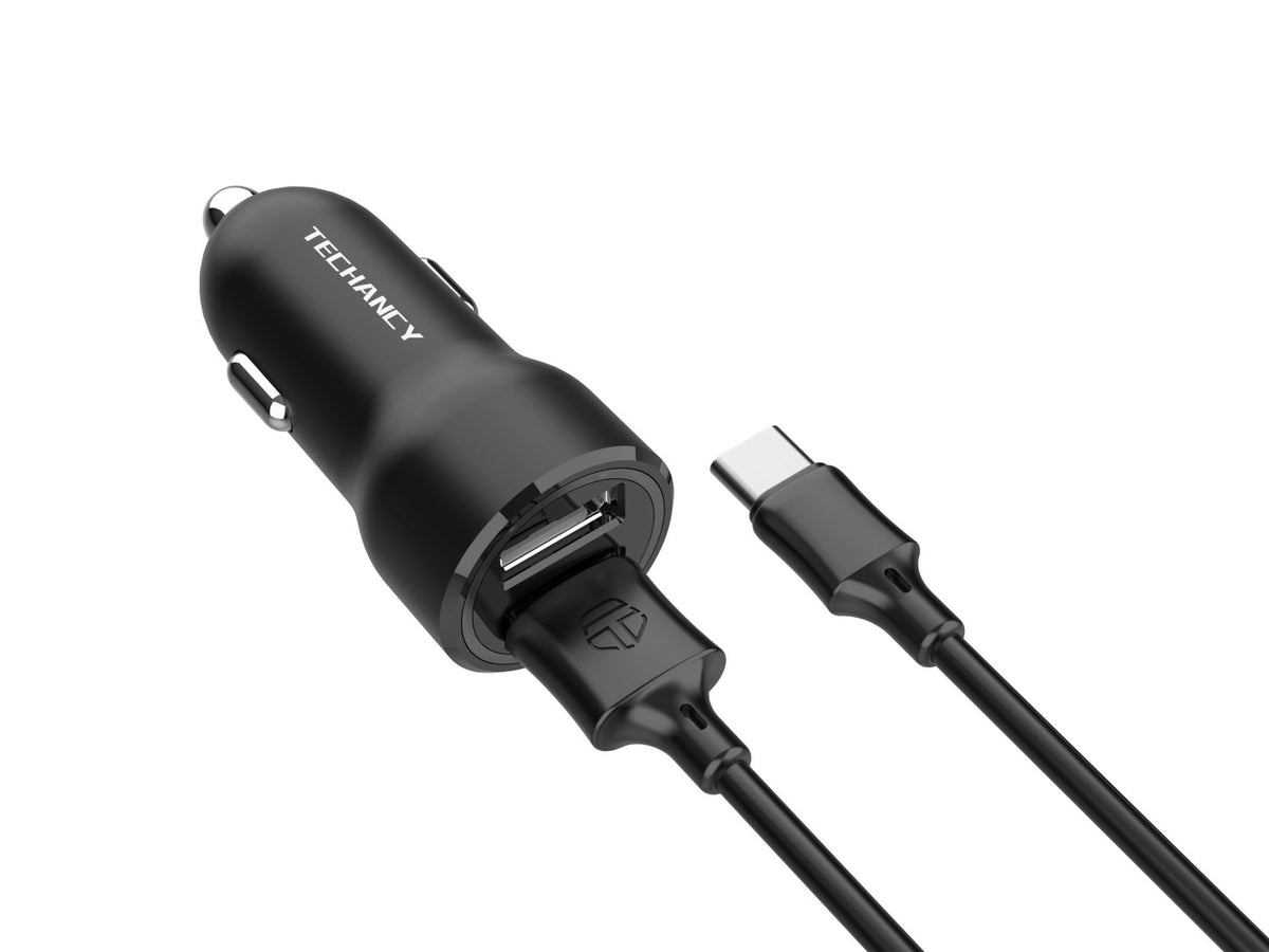 Techancy Carregador de Carro 2USB 2.4A com Cabo Type-C/1M TC6422 Preto , Carregamento Rápido, Proteção Múltipla