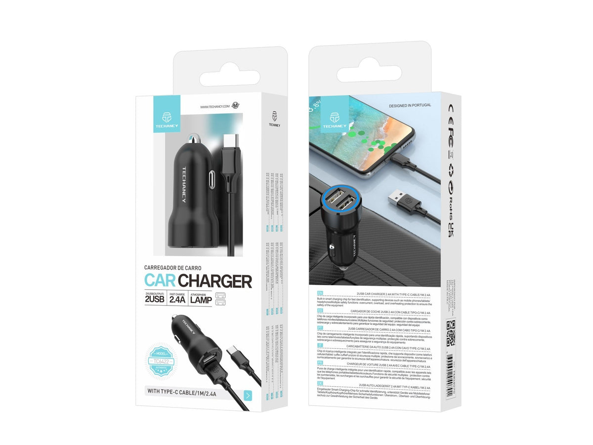 Techancy Carregador de Carro 2USB 2.4A com Cabo Type-C/1M TC6422 Preto , Carregamento Rápido, Proteção Múltipla